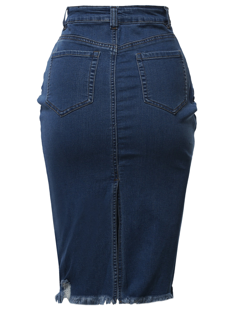 A2Y Women's Basic Solid Ponte Knee Length Slit Techno Span High Waist  Pencil Skirt Mocha S 