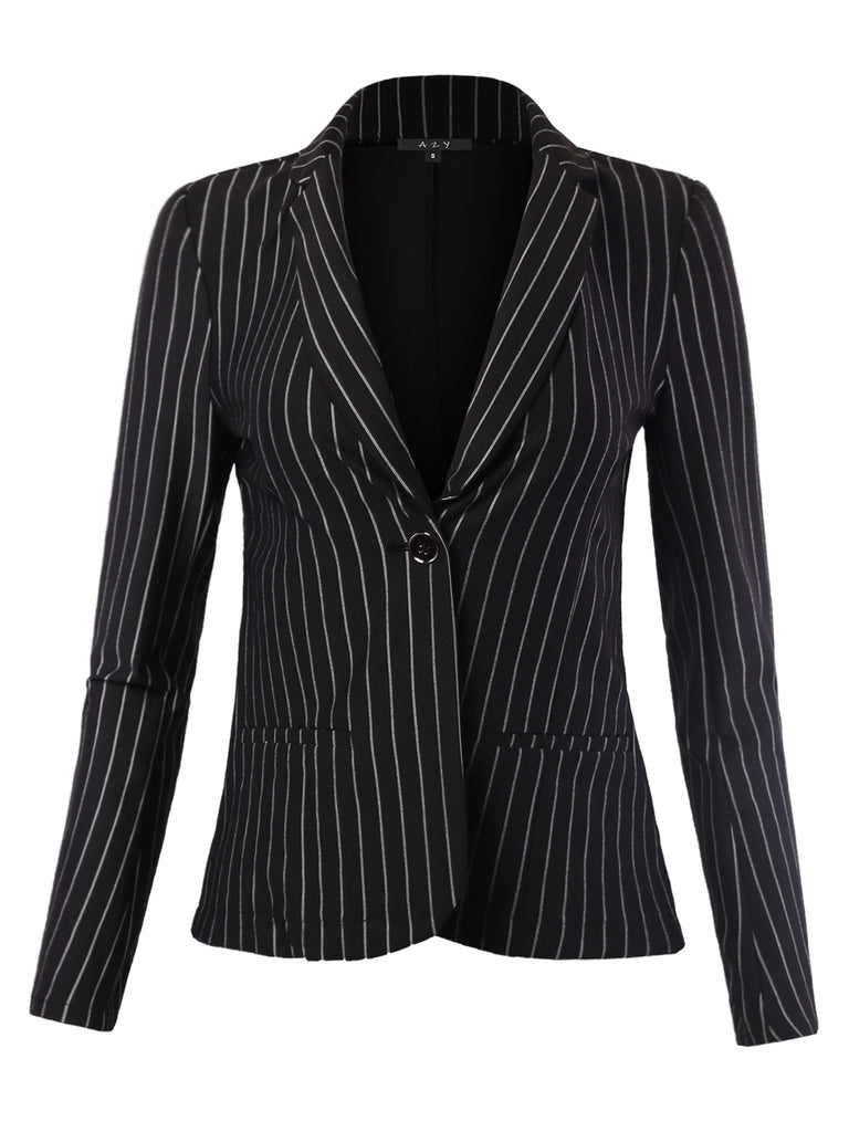 YAWBZL0002 vertical ponte striped blazer jacket coat one button closure long sleeve no pocket slim ultra-slim fit comfy comfortable stretchable stripe office jacket business wow good mommy awesome ggoodd wonderful beautiful cool black white contrast