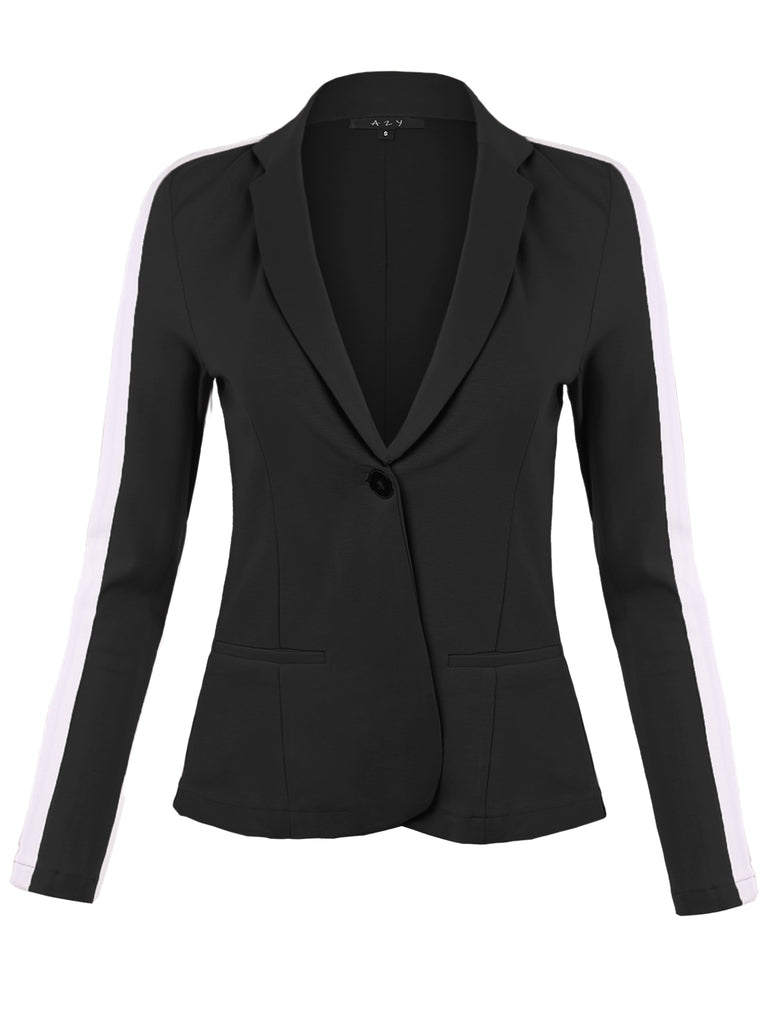 YAWBZL0003 ponte super slim fit business working work office look jacket blazer open front one button ponte comfy comfortable no pocket imitation poocket pocket logn long sleeve straight lined line amazing cool watch theme awesome crazy mom girl fri