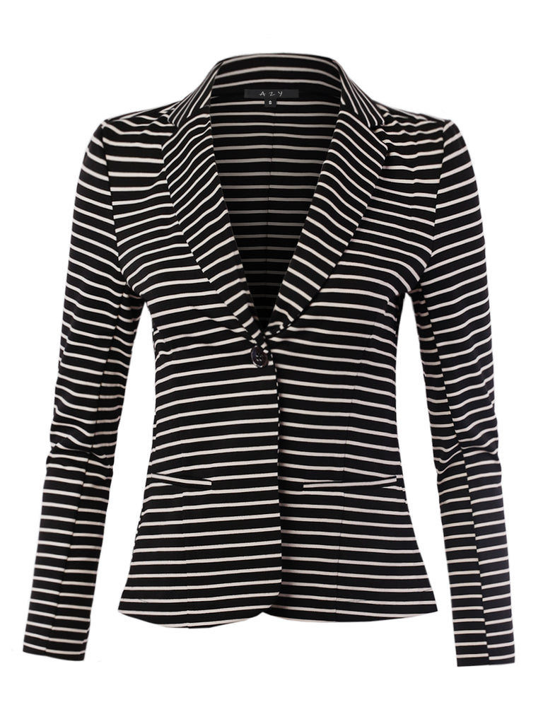 YAWBZL0004 vertical ponte striped blazer jacket coat one button closure long sleeve no pocket slim ultra-slim fit comfy comfortable stretchable stripe office jacket business wow good mommy awesome ggoodd wonderful beautiful cool black white contrast