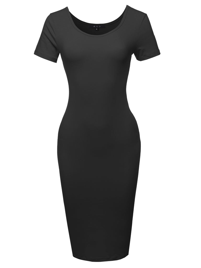 Solid fitted premium black dress bodycon dress midi dressess girl friend long dress maxi tulip dress plant charming outerwear dailylook dailywear scoop neck short sleeve YAWDRS0001 cute basic sooo essential easy styling safe window dress circle
