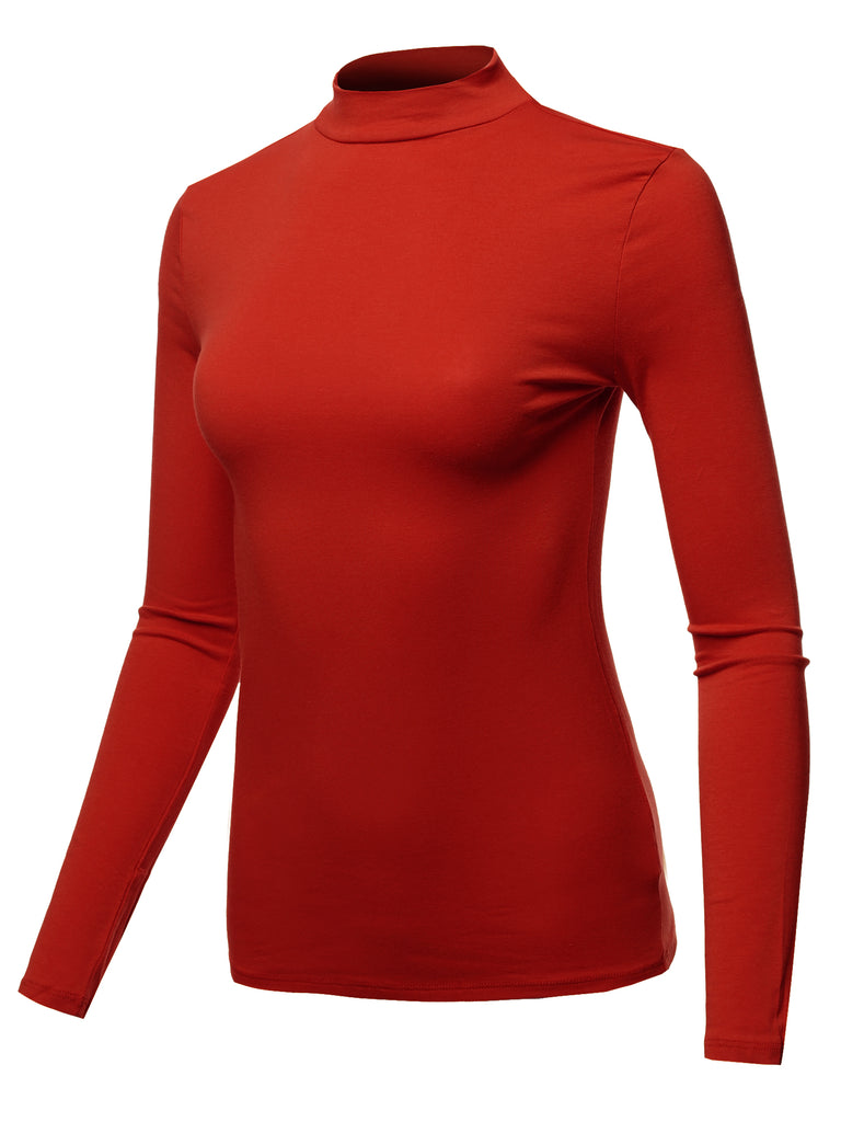 Basic Solid Long Sleeve Mock Neck Premium Cotton Various casual classic simple lady Regular fit t-shirts quality missy regular fit turtleneck mockneck pullover soft stretch YAWTEL0006
