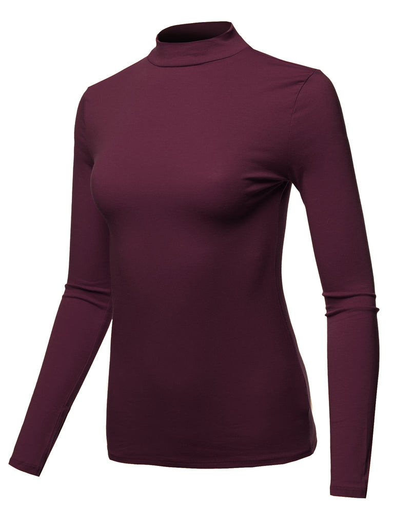 Basic Solid Long Sleeve Mock Neck Premium Cotton Various casual classic simple lady Regular fit t-shirts quality missy regular fit turtleneck mockneck pullover soft stretch YAWTEL0006
