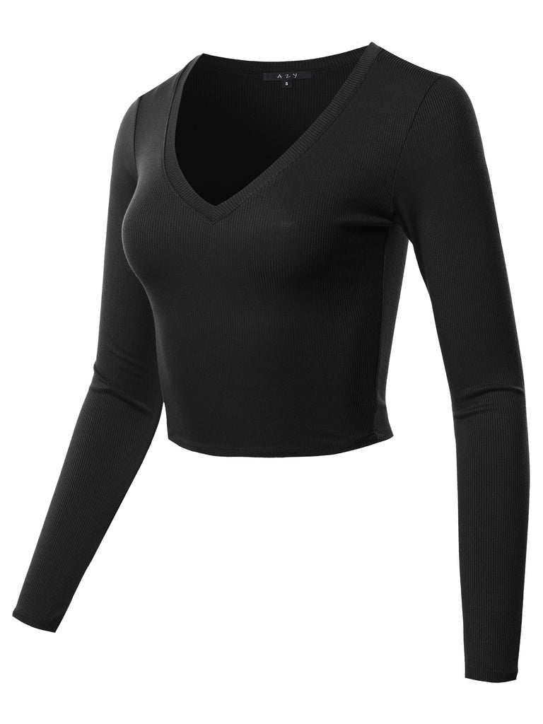 Ribbed Rib YAWTKL0006 Cropped Crop Top V-Neck V neck fitted junior fit sexy chic attractive awesome amazing wonderful fall and winter top black top white dark olive crazy crayon comfy unique indi indy active activewear shirt fit buy cart must choose