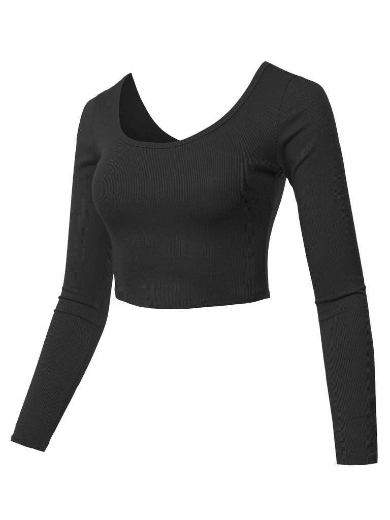 Ribbed Rib YAWTKL0007 Cropped Crop Double Scoop Neck fitted junior fit sexy chic attractive awesome amazing wonderful fall and winter top black top white dark olive crazy crayon comfy unique indi indy active activewear shirt fit buy cart must choose
