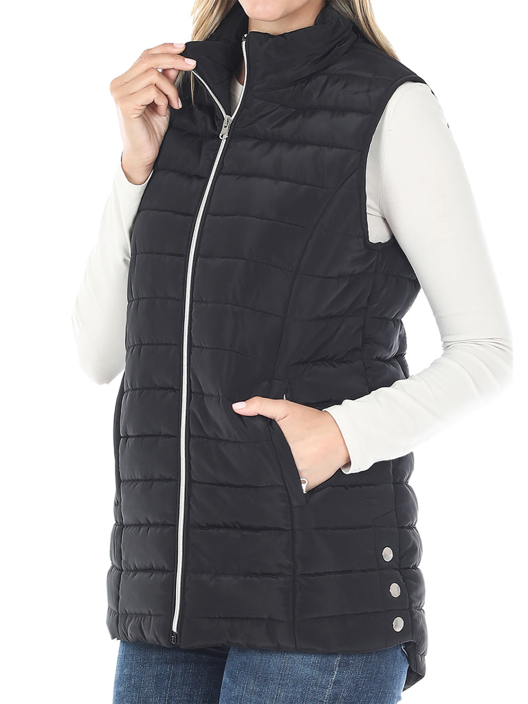 YAWVTV0002 vest quilted padding vest good side pockets high-low hi low polyester snap button side pockets relaxed loose big too black warm warmer camping hiking nice good wonderful vest all year winter ski jumping board snow mountain vest of vest