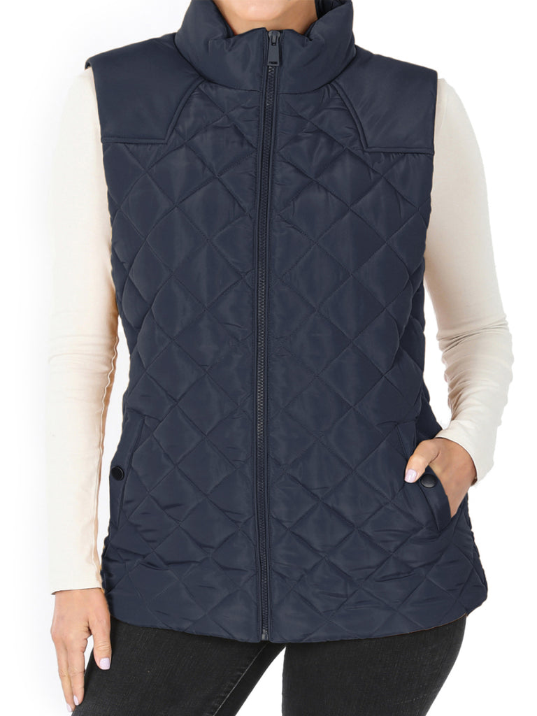 YAWVTV0004 diamond quilted padding vest good side pockets high-low hi low polyester snap button side pockets relaxed loose big too black warm warmer camping hiking nice good wonderful vest all year winter ski jumping board snow mountain vest of vest